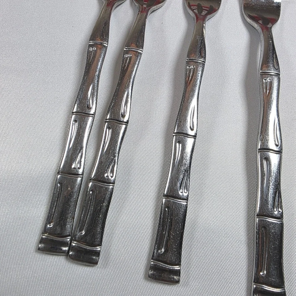 Vintage Faux Bamboo Stainless Steel Forks Set of 5 Korea Silver Flatware MCM